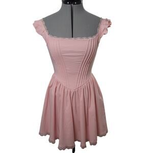 Pink Milkmaid Dress Womens XS Cottagecore Off-Shoulder Puff Sleeve Lace Trim
